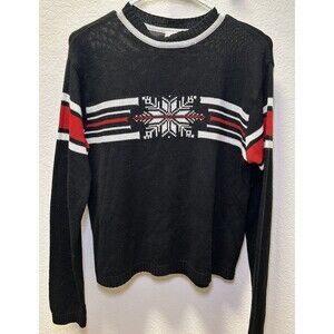 Columbia Retro Black Red Stripe Snowflake Ski Christmas Knit Sweater Size Large
